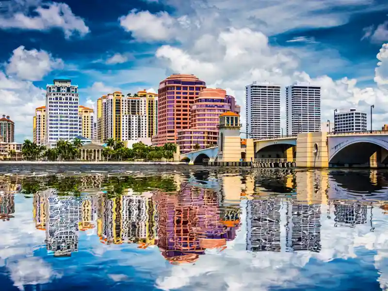 View of the Palm Beach Gardens skyline from the water.